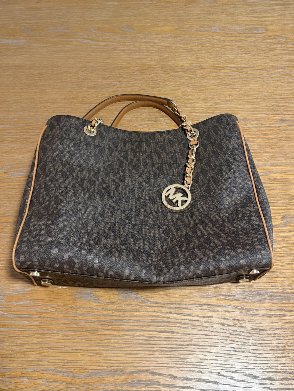 Michael Kors Dark Brown MK Signature Tote with Gold Charm